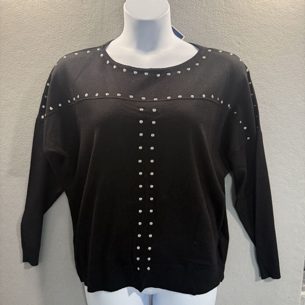 Milano Women's XL Stud Embellished Sweater Round Neck Long Sleeve Pullover Black